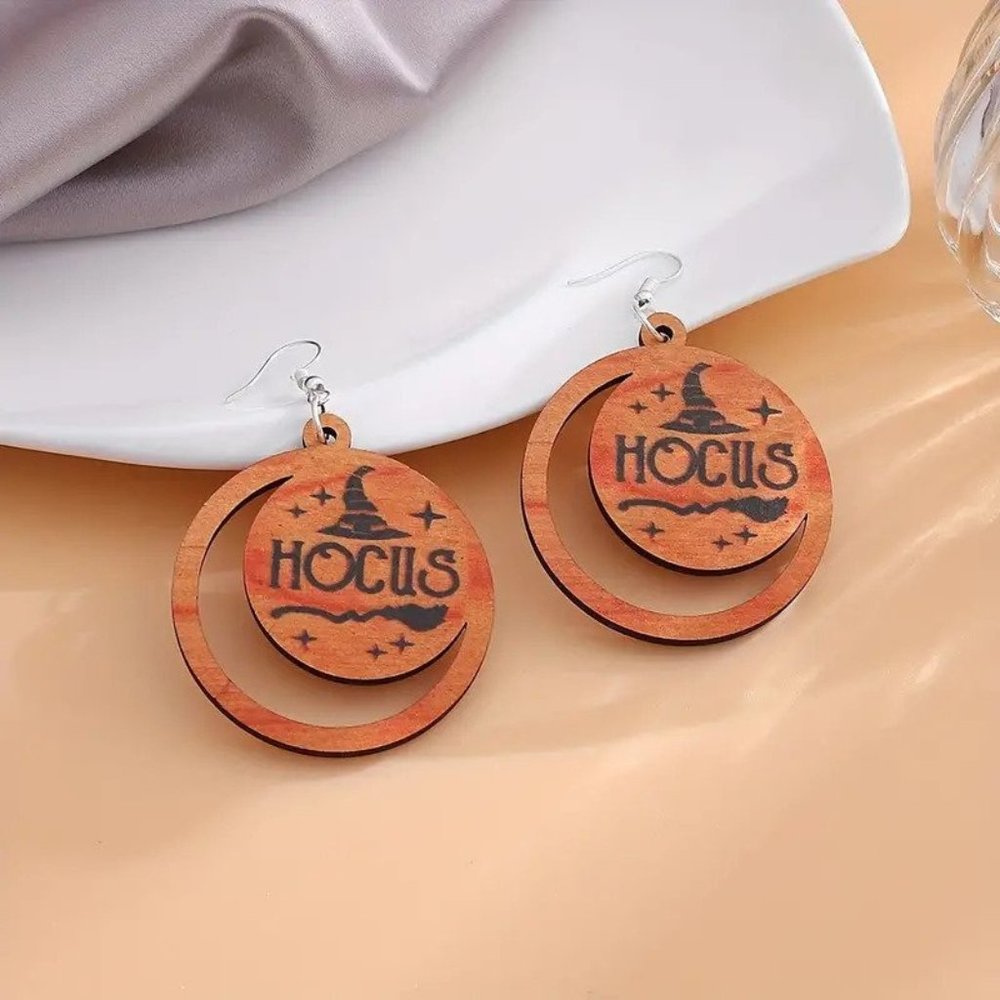 Halloween Witch Orange Wood Earrings 3 1/4" - Picture 2 of 6